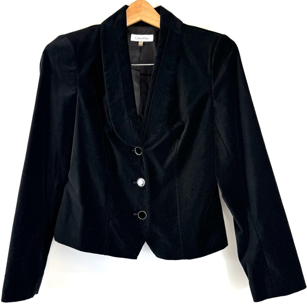 Calvin Klein black velvet fitted tailored blazer w hewel buttons Petite Med NWOT